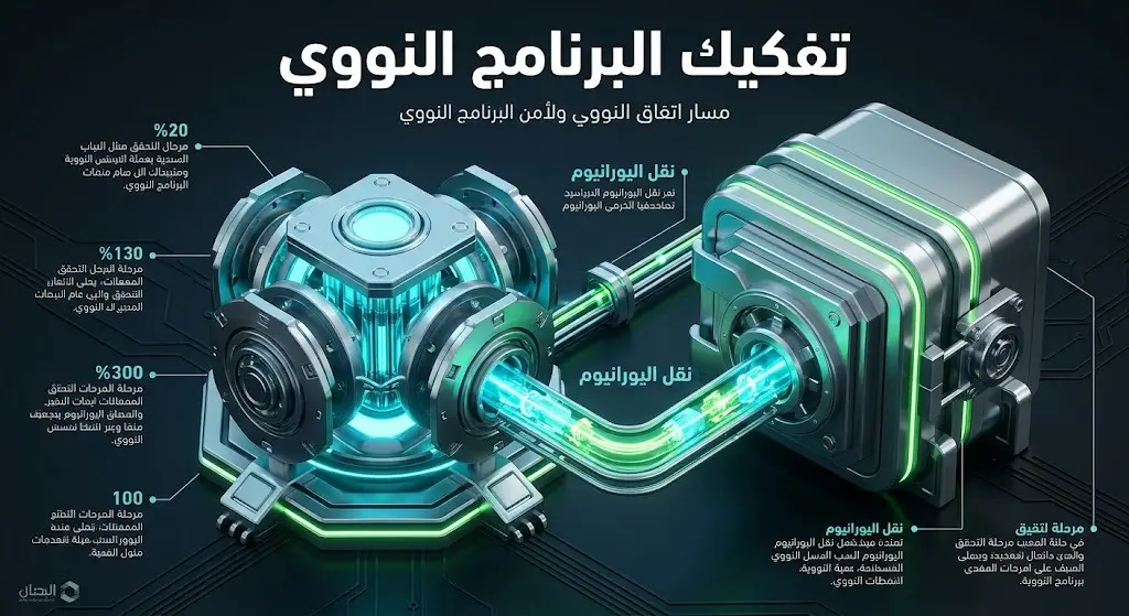 إنفوجرافيك يوضح مسار الاتفاق النووي والشروط المتعلقة بتفكيك البرنامج ونقل اليورانيوم المخصب.