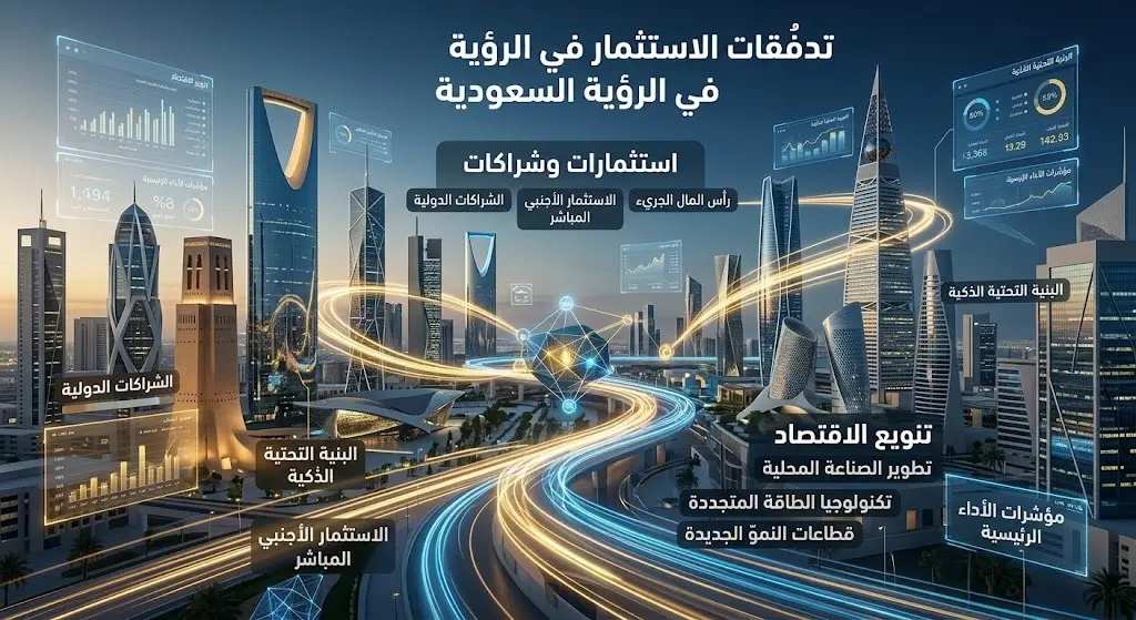 مشهد بصري ثلاثي الأبعاد يعبر عن تدفق الاستثمارات والشراكات الدولية نحو المشاريع التنموية في المملكة، مع خطوط ضوئية تمثل السياسات المالية المرنة.