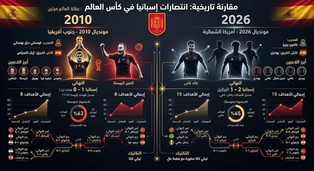 إنفوجرافيك مقارن يوضح مسار وأرقام المنتخب الإسباني في نسختي كأس العالم 2010 و2026، مع إبراز معدل الأهداف والخصوم باللغة العربية الواضحة.