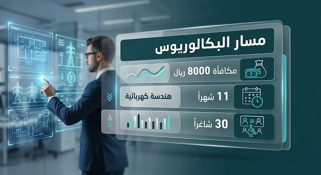 تصميم بصري يستعرض مزايا مسار البكالوريوس الهندسي المبتدئ بالتوظيف شاملة المكافآت والشواغر والمسميات الوظيفية.