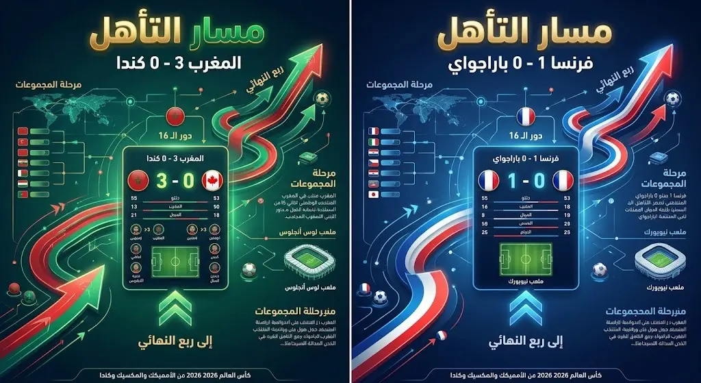 إنفوجرافيك يوضح مسار تأهل منتخبي فرنسا والمغرب لربع النهائي ونتائج مبارياتهما في دور الستة عشر.