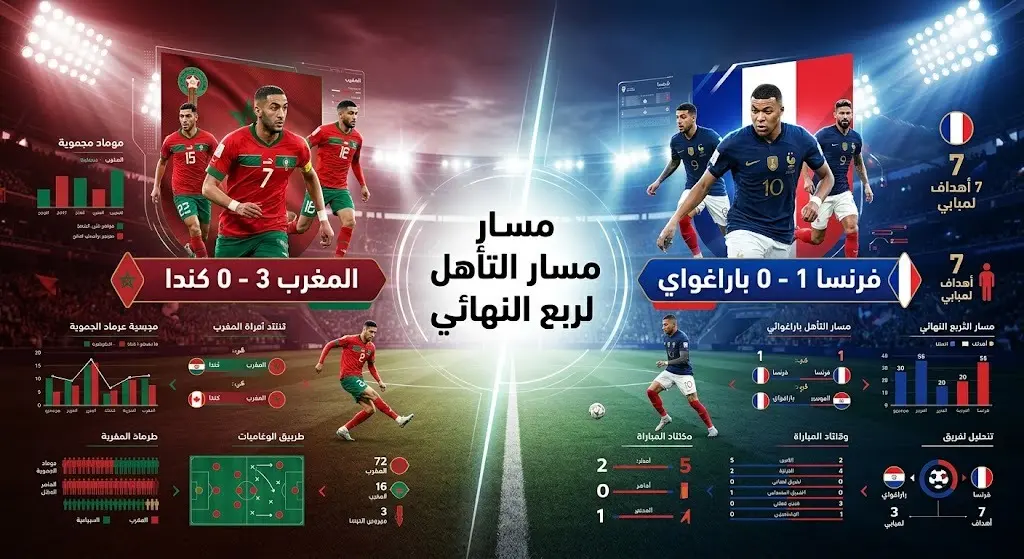 إنفوجرافيك يوضح مسار تأهل منتخبي المغرب وفرنسا إلى ربع نهائي كأس العالم 2026 ونتائج مبارياتهما في دور الستة عشر.