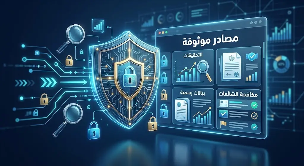 تصميم مفاهيمي يعبر عن مسار التحقيقات الرسمية والاعتماد على المصادر الموثوقة لحماية المعلومات ومحاربة الشائعات.