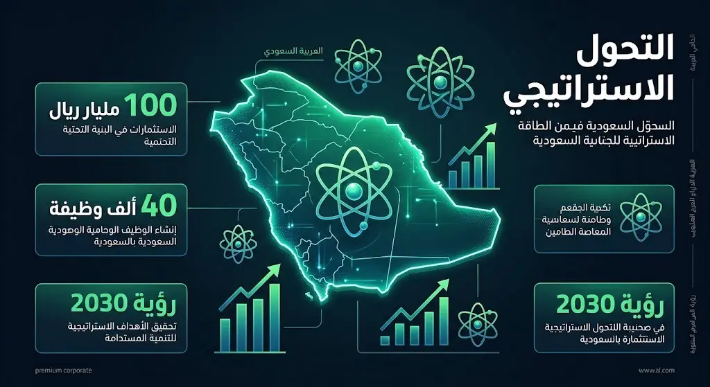 إنفوجرافيك بياني يعرض مسار التحول الاستراتيجي للطاقة في المملكة العربية السعودية، مبرزاً أرقام الاستثمارات الضخمة والوظائف المتوقعة.