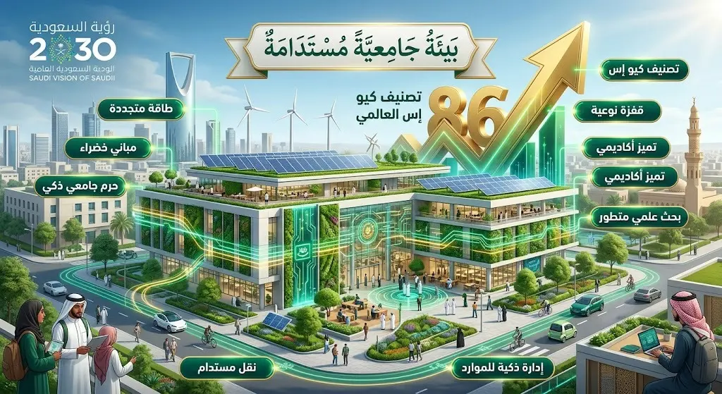 تصميم إبداعي يدمج بين بيئة الحرم الجامعي الحديثة وعناصر الاستدامة مع أرقام تشير للقفزة في تصنيف كيو إس ورؤية 2030