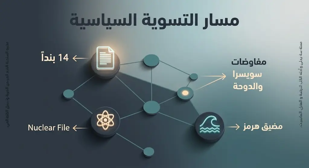 إنفوجرافيك يوضح مسار التسوية السياسية والمفاوضات في سويسرا والدوحة، مع إبراز ملفات التفاهم كمضيق هرمز والملف النووي.