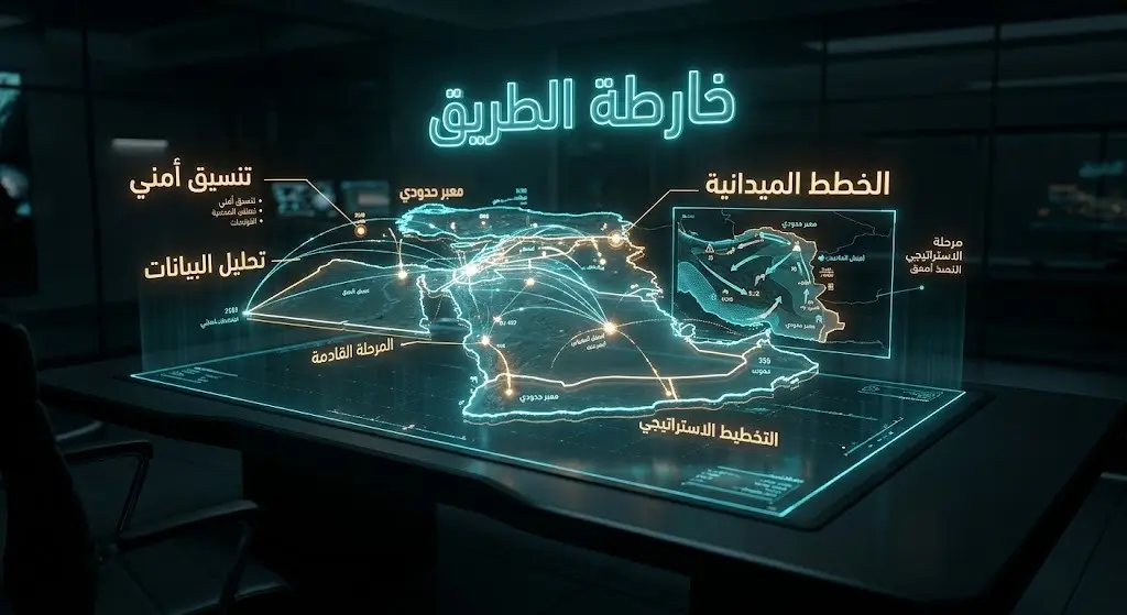 تصميم تعبيري لخريطة تكتيكية مضيئة ترمز لمسار التغييرات الأمنية والخطط الميدانية المستقبلية.