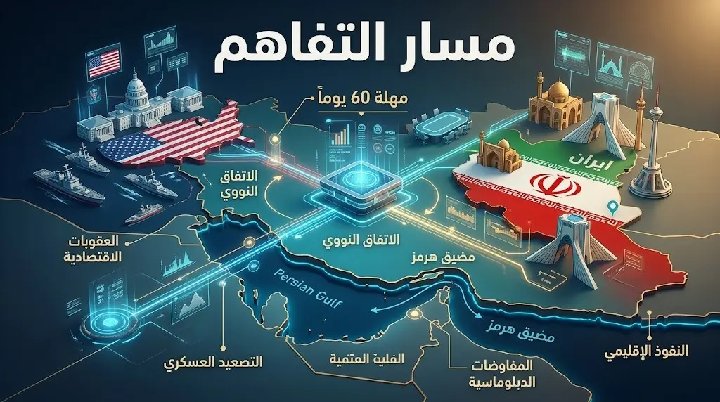 تصميم تعبيري يجسد مسار التفاهمات الدبلوماسية المعقدة بين إيران والولايات المتحدة والترتيبات المرتبطة بمضيق هرمز.