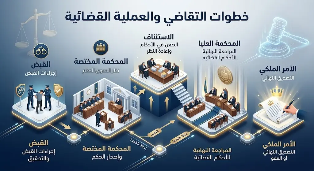 إنفوجرافيك احترافي يوضح مسار التقاضي والخطوات القانونية المتدرجة في النظام العدلي بدءاً من القبض على الجاني مروراً بالمحاكم المختصة وحتى صدور الأمر الملكي