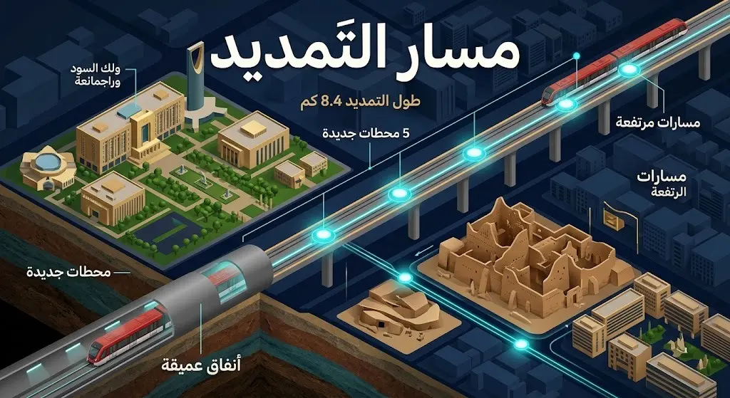 رسم بياني يوضح مسار تمديد المسار الأحمر لقطار الرياض بطول 8.4 كيلومتر، وتوزيع المحطات الخمس الجديدة بين جامعة الملك سعود والدرعية.