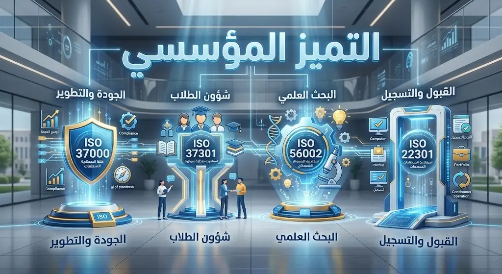 إنفوجرافيك يوضح حصول عمادات جامعة حائل على شهادات الآيزو في الجودة والابتكار واستمرارية الأعمال.