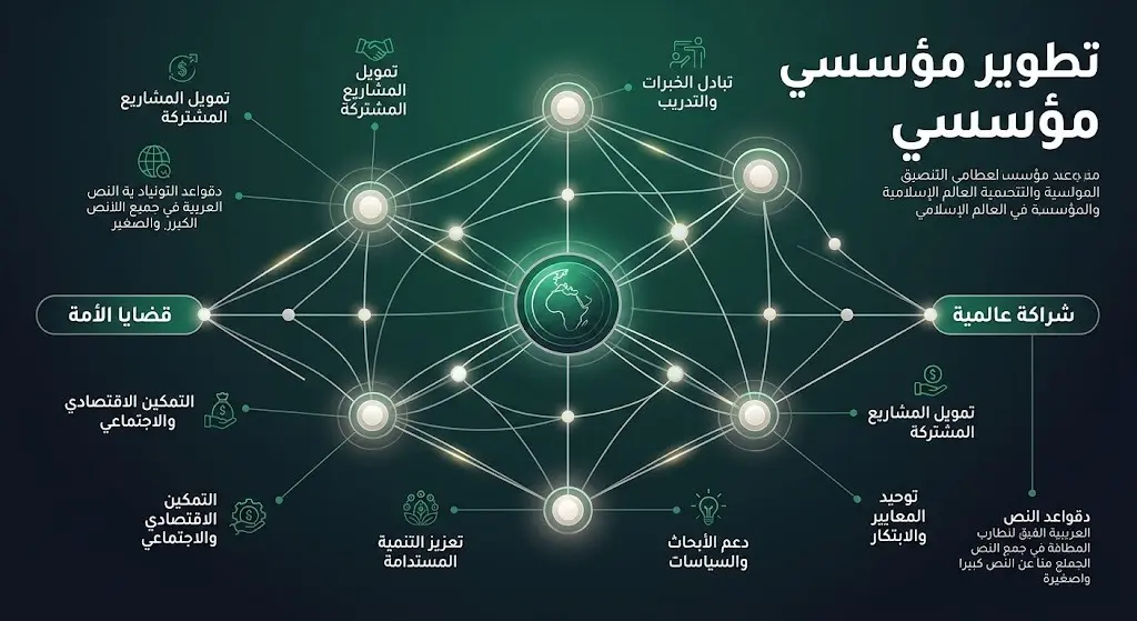 رسم تعبيري لشبكة اتصالات ومراكز معرفية ترمز لتطوير العمل المؤسسي وتوحيد الجهود، متضمنة نصوصاً عربية صحيحة توضح أبعاد الشراكة.