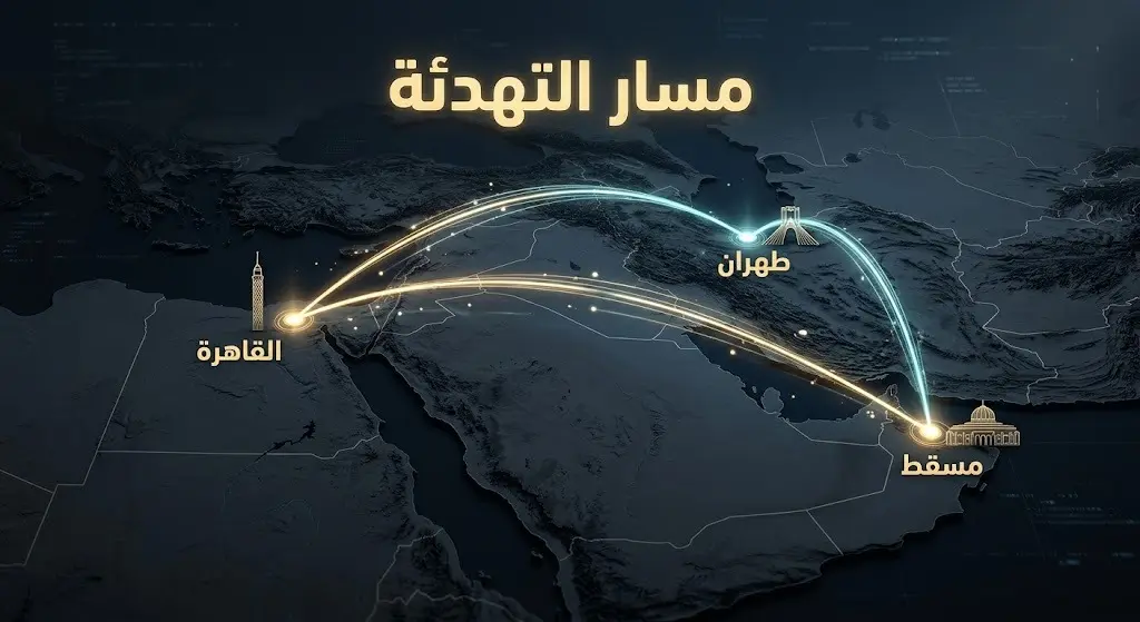 خريطة مفاهيمية تظهر خطوط اتصال دبلوماسية مضيئة تربط بين القاهرة ومسقط وطهران على خريطة الشرق الأوسط.