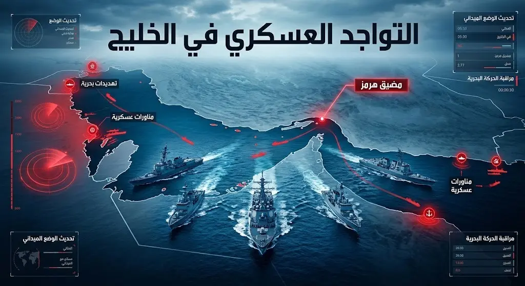تصميم بصري يجسد التوتر العسكري في مياه الخليج العربي ومضيق هرمز مع سفن حربية ومؤشرات استراتيجية.