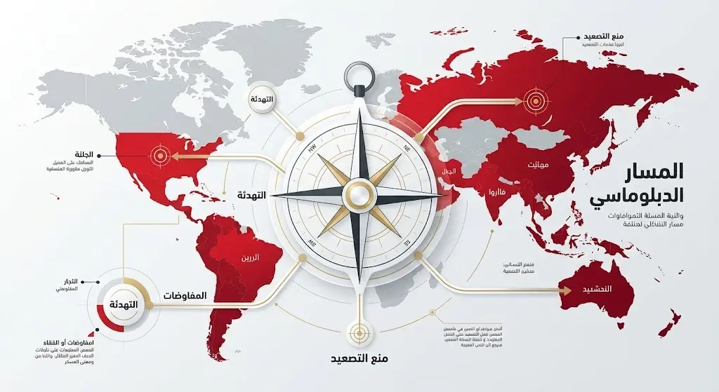 رسم بياني إبداعي يمثل شبكة الجهود الدبلوماسية القطرية لتقريب وجهات النظر ومنع الانزلاق نحو صراع شامل.