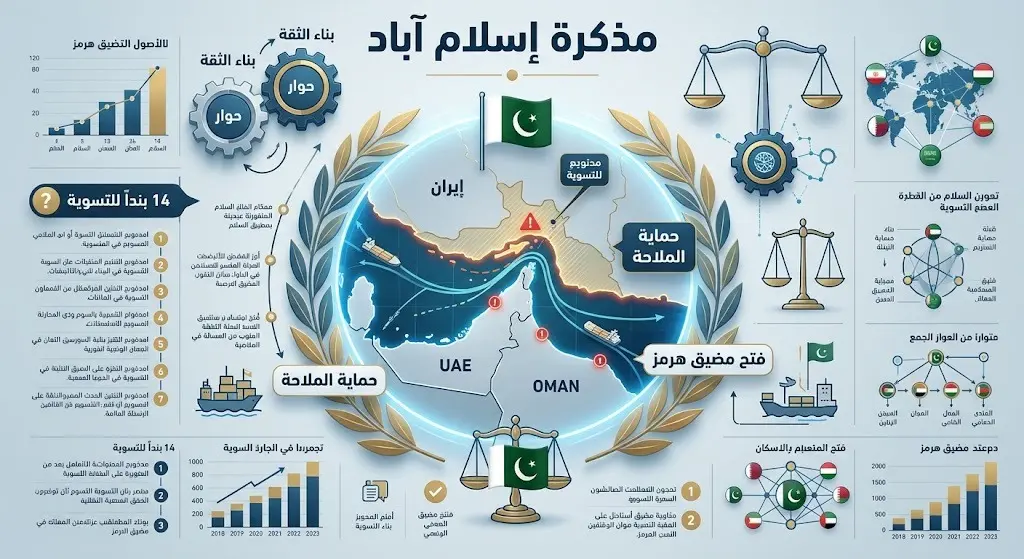 إنفوجرافيك يوضح مسار الجهود الدبلوماسية لباكستان لدعم السلام وتأمين الملاحة في مضيق هرمز عبر مذكرة تفاهم إسلام آباد.