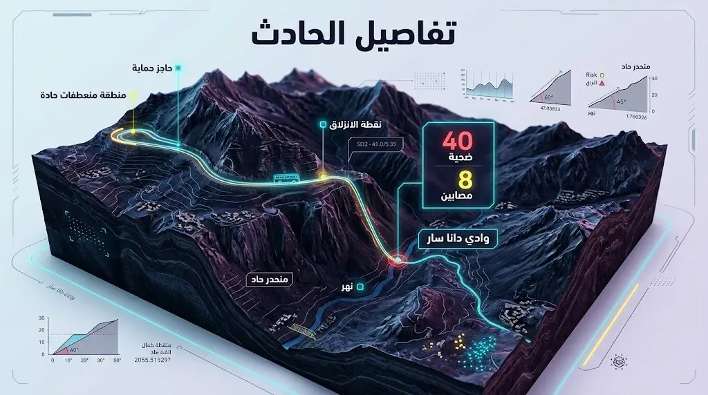 إنفوجرافيك خرائطي ثلاثي الأبعاد يوضح مسار الحافلة الباكستانية وموقع سقوطها في المنحدر الجبلي مع إحصائيات الضحايا.