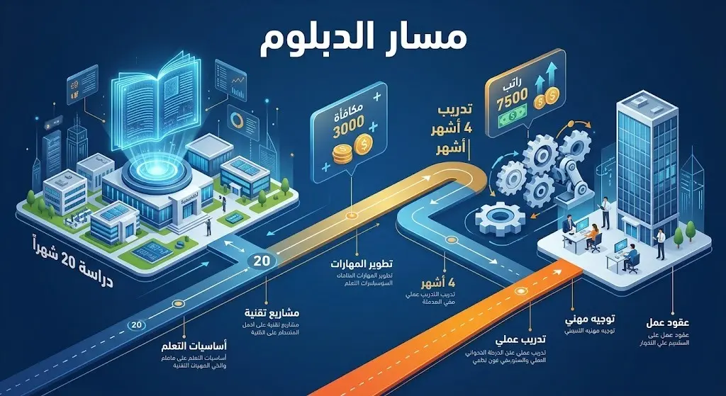 إنفوجرافيك يوضح مسار الدبلوم في المعهد السعودي للإلكترونيات ومراحله التي تمتد 24 شهراً مع تفاصيل المكافآت والرواتب.
