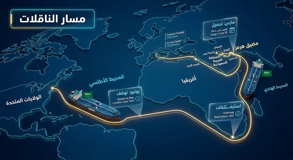 إنفوجرافيك ثلاثي الأبعاد يوضح مسار ناقلتي النفط السعوديتين عبر مضيق هرمز والتسلسل الزمني للرحلة نحو الولايات المتحدة.
