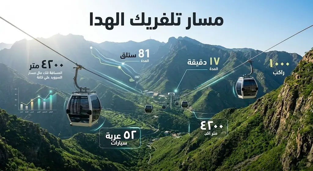 إنفوجرافيك مدمج مع الطبيعة الجبلية يوضح تفاصيل مسار تلفريك الهدا والطاقة الاستيعابية للعربات بالأرقام.