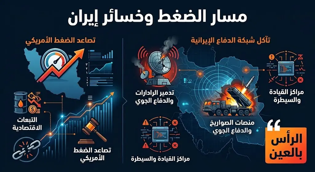 إنفوجرافيك يوضح مسار الضغط الأميركي المستمر على إيران وتدمير القواعد الدفاعية ومنصات الصواريخ والرادارات وفق مبدأ الرأس بالعين.