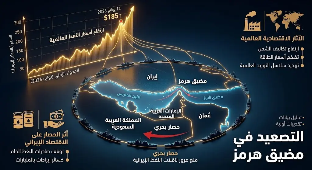 إنفوجرافيك ثلاثي الأبعاد يوضح فرض الحصار البحري على مضيق هرمز وتأثيره الفوري على ارتفاع أسعار النفط العالمية