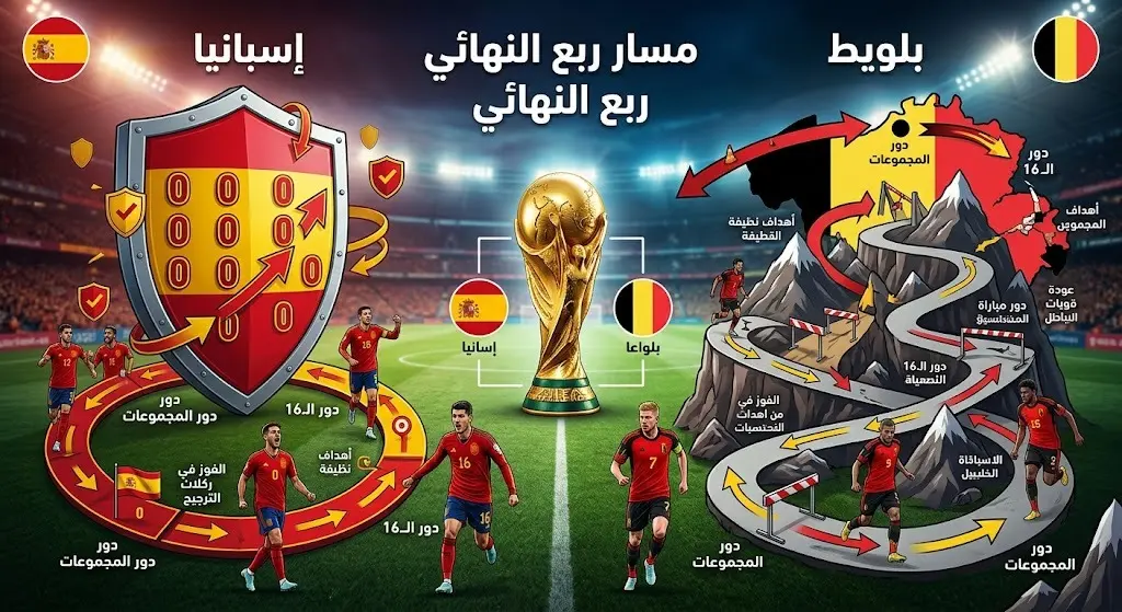 إنفوجرافيك يوضح مقارنة بين مسار منتخبي إسبانيا وبلجيكا نحو ربع نهائي كأس العالم 2026.