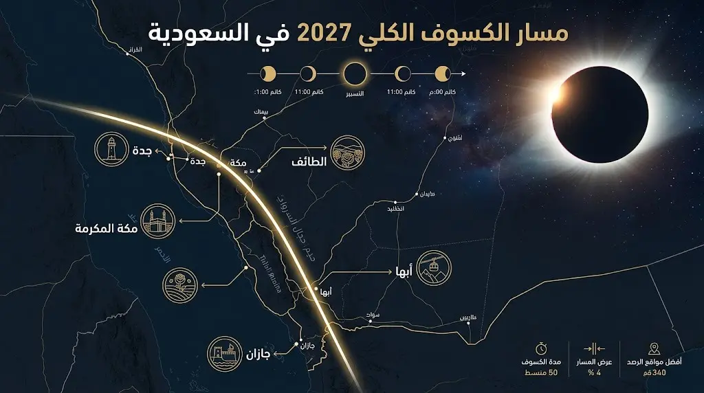 إنفوجرافيك يوضح مسار الكسوف الكلي للشمس في السعودية والمدن المشمولة بالرصد.