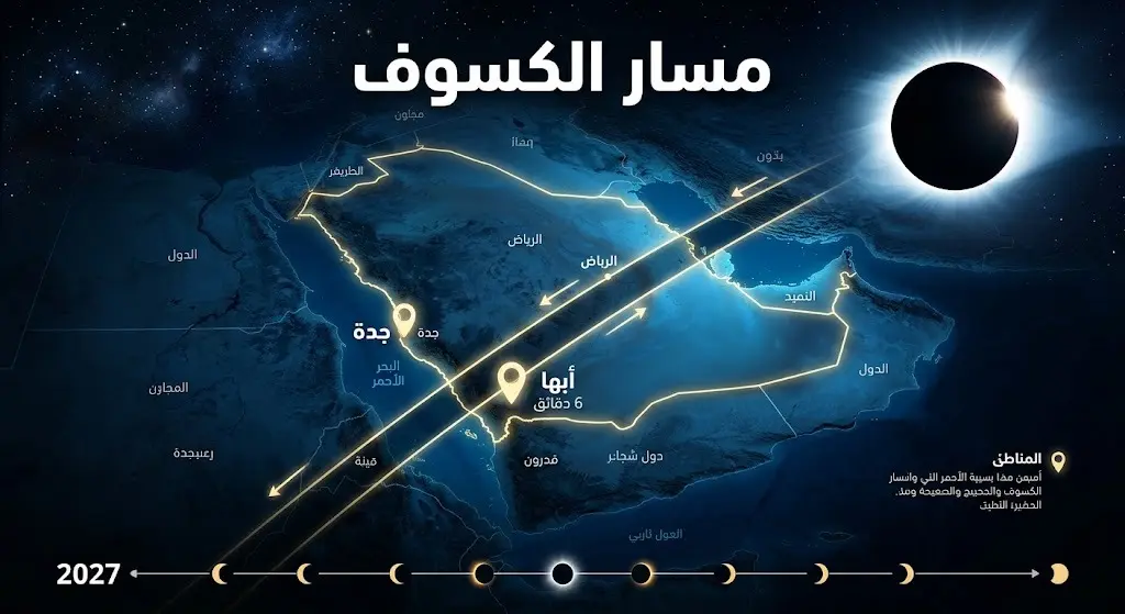 خريطة إنفوجرافيك توضح مسار الكسوف الكلي للشمس فوق المملكة العربية السعودية لعام 2027، مع إبراز مدينتي أبها وجدة والمدة الزمنية للظلام الدامس.