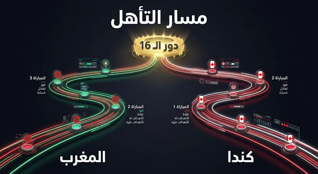 تصميم بصري يوضح مسار منتخبي المغرب وكندا في دور المجموعات وكيفية تأهلهما إلى دور الـ 16 من كأس العالم 2026.