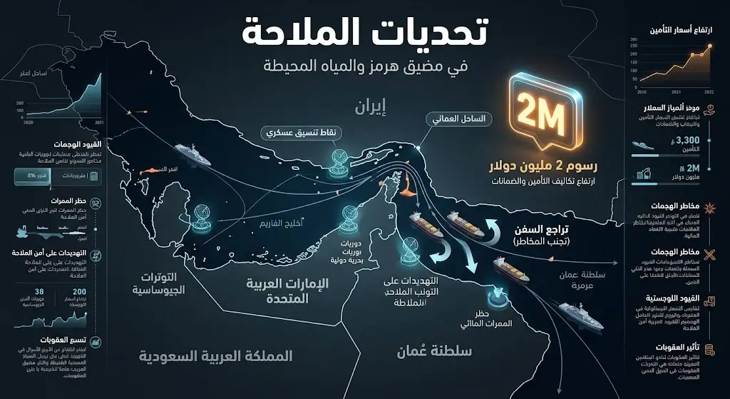 تصميم بياني يبرز تحديات الملاحة في مضيق هرمز ويظهر تراجع حركة السفن والرسوم المقترحة البالغة مليوني دولار.
