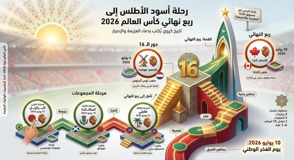 تصميم بصري يتتبع مسار مباريات المنتخب المغربي ونتائجه الإيجابية منذ انطلاق كأس العالم 2026 وصولاً إلى ربع النهائي.