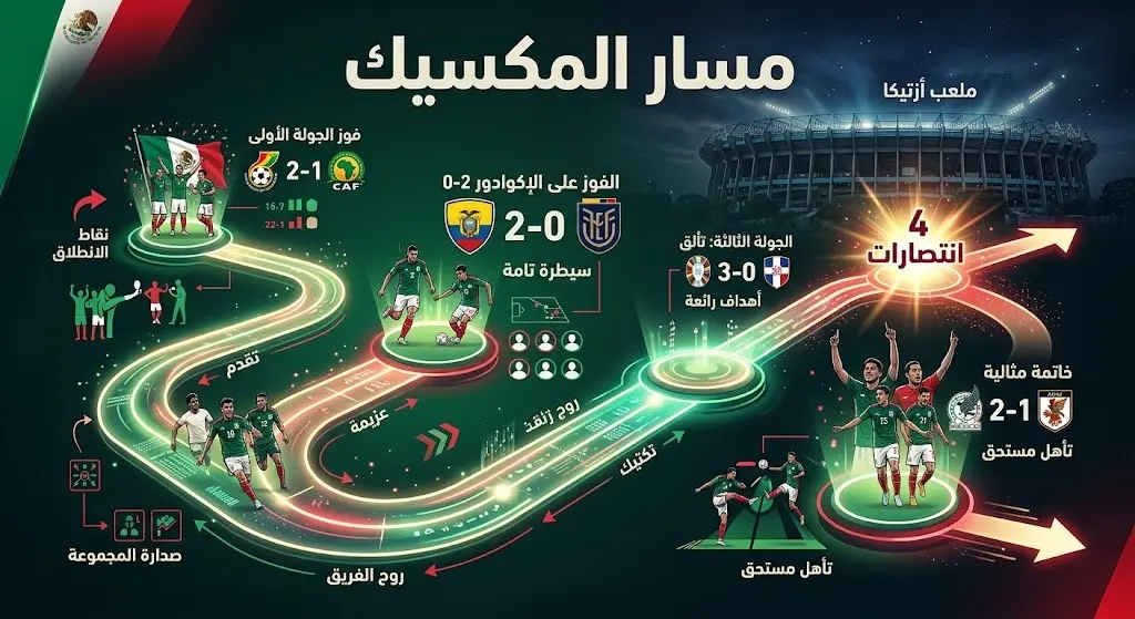 إنفوجرافيك رياضي يستعرض نتائج المنتخب المكسيكي في دور المجموعات من كأس العالم 2026، متضمناً الفوز على الإكوادور واللعب في ملعب أزتيكا.
