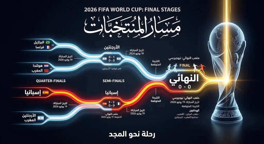 إنفوجرافيك رياضي يوضح مسار منتخبات الأرجنتين وإسبانيا نحو نهائي كأس العالم 2026 وتوجه إنجلترا للمنافسة على المركز الثالث.
