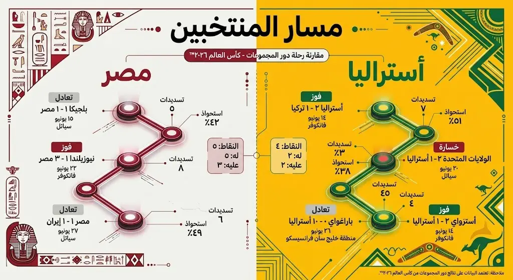 إنفوجرافيك مقارنة يستعرض نتائج وإحصائيات منتخبي مصر وأستراليا خلال دور المجموعات