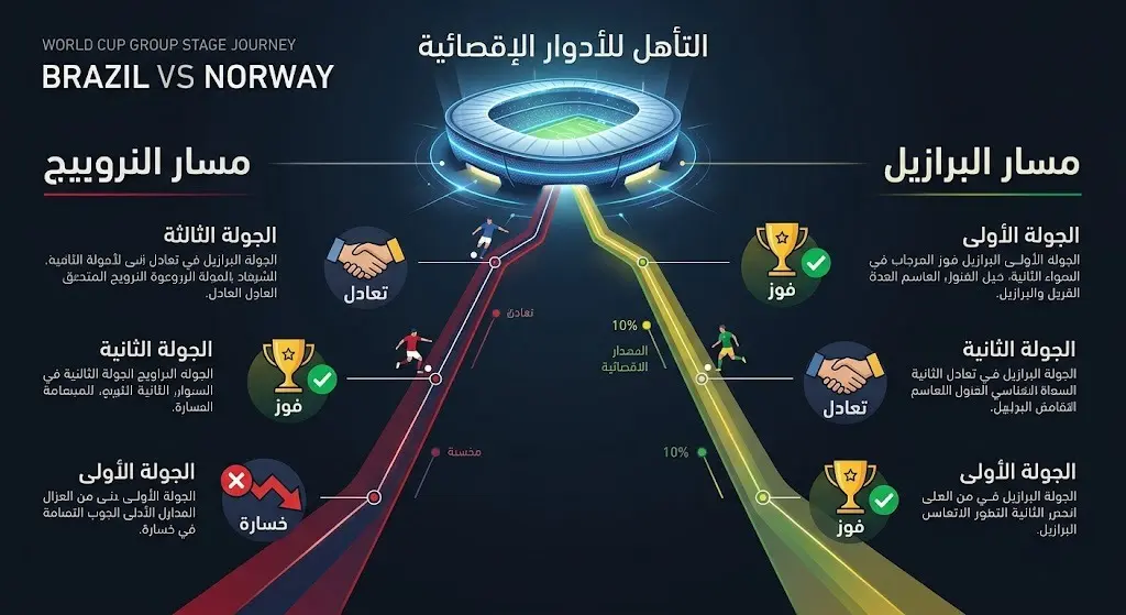 تصميم بصري يستعرض نتائج ومسار منتخبي البرازيل والنرويج خلال دور المجموعات في كأس العالم 2026.