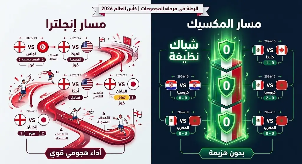 رسم بياني مقارن يستعرض مسار منتخبي إنجلترا والمكسيك في دور المجموعات، يبرز انتصارات المكسيك المتتالية بشباك نظيفة وسجل إنجلترا الخالي من الهزائم.