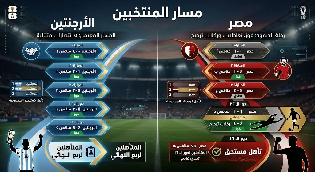 إنفوجرافيك مقارن يستعرض مسار منتخبي مصر والأرجنتين في كأس العالم 2026 قبل مواجهتهما في دور الستة عشر، موضحاً سلسلة انتصارات الأرجنتين ومسيرة مصر المتنوعة.