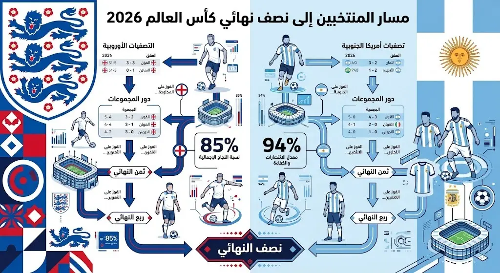 إنفوجرافيك مقارن يستعرض مسار منتخبي إنجلترا والأرجنتين وإحصائيات انتصاراتهما في طريقهما لنصف نهائي المونديال.
