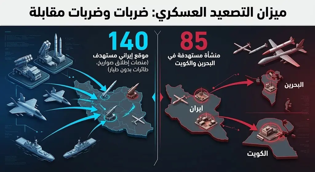 إنفوجرافيك مقارن يستعرض حجم الأهداف العسكرية بين الجانبين، حيث شملت الهجمات الأمريكية 140 هدفاً، مقابل 85 منشأة أمريكية استهدفها الرد الإيراني.