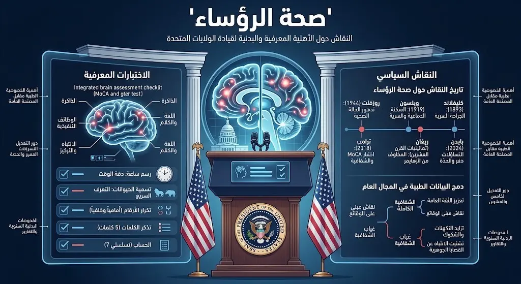 رسم تعبيري يدمج الرموز الطبية والسياسية ليعكس النقاش الدائر حول الصحة الإدراكية للقادة.