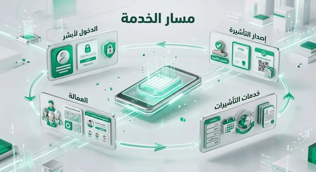 إنفوجرافيك يوضح الخطوات الأربع لإصدار تأشيرة الخروج النهائي للعمالة المنزلية عبر منصة أبشر.