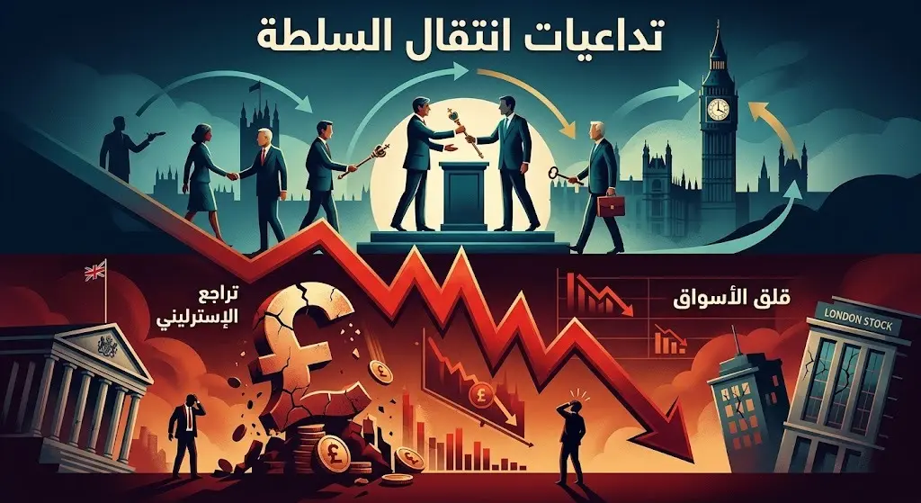 تصميم بصري يربط بين عملية انتقال السلطة في بريطانيا والتداعيات الاقتصادية المتمثلة في قلق الأسواق وتراجع قيمة الجنيه الإسترليني.