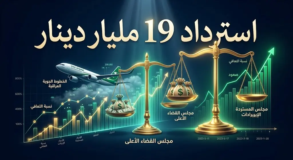 تصميم بصري يوضح استرداد القضاء العراقي 19 مليار دينار في قضية الخطوط الجوية العراقية