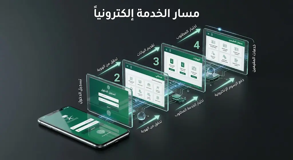 إنفوجرافيك رقمي يوضح مسار خطوات تجديد هوية مقيم لأم المواطن إلكترونياً عبر منصة أبشر.