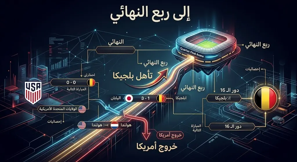 تصميم تعبيري يظهر مسار تقدم منتخب بلجيكا نحو ربع النهائي وانتهاء رحلة أمريكا المضيفة للبطولة