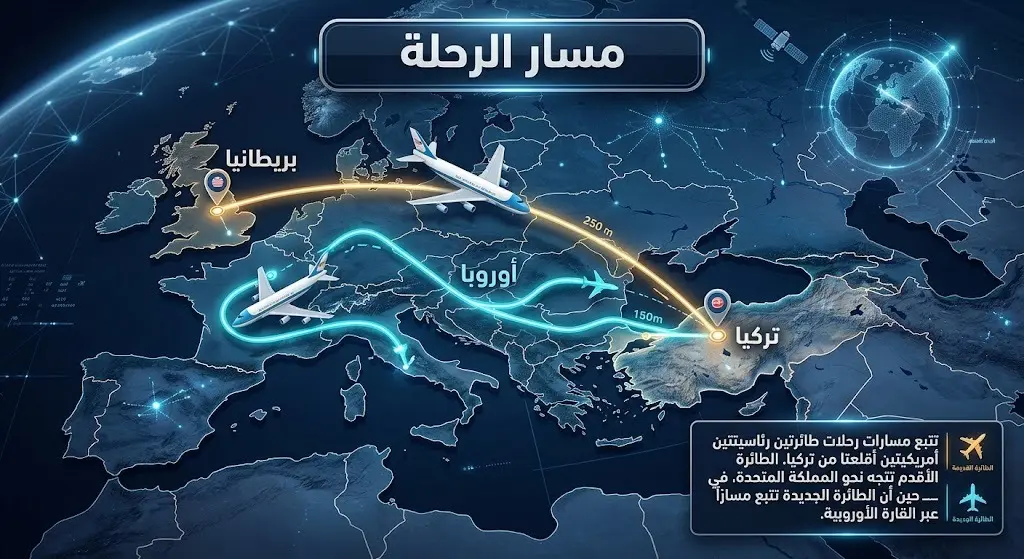 خريطة إنفوجرافيك توضح تباين مسار رحلتي الطائرة الرئاسية القديمة نحو بريطانيا، والطائرة الجديدة في جولتها عبر القواعد الأوروبية انطلاقاً من تركيا.