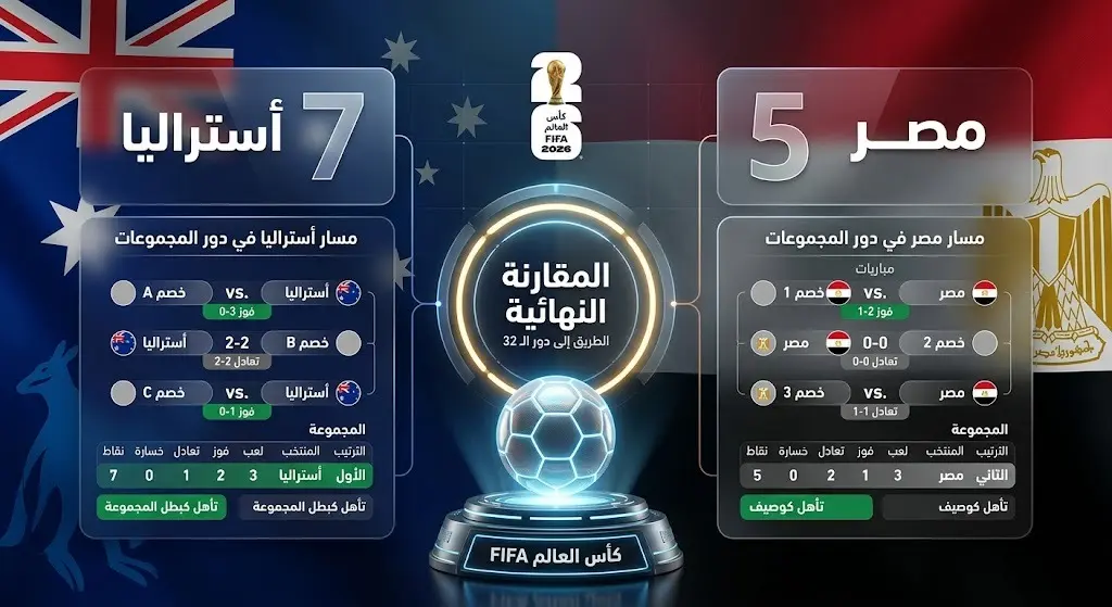إنفوجرافيك استعراضي يوضح مسار وحصيلة نقاط منتخبي مصر وأستراليا في دور المجموعات