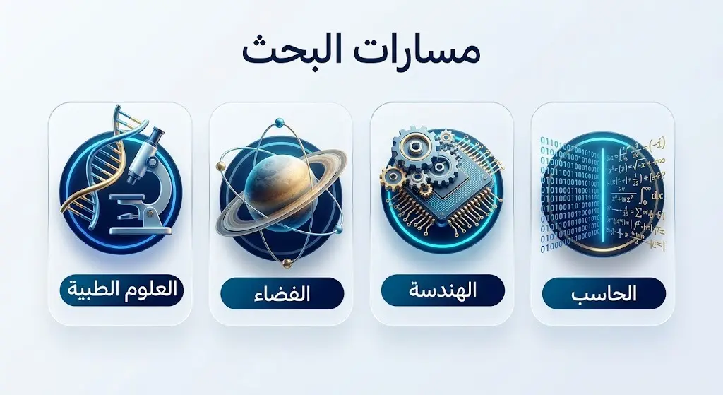 إنفوجرافيك ثلاثي الأبعاد يستعرض مسارات البحث العلمي الأربعة ضمن برنامج موهبة الإثرائي بجامعة جازان: الطبية، الفضاء، الهندسة، والحاسب.