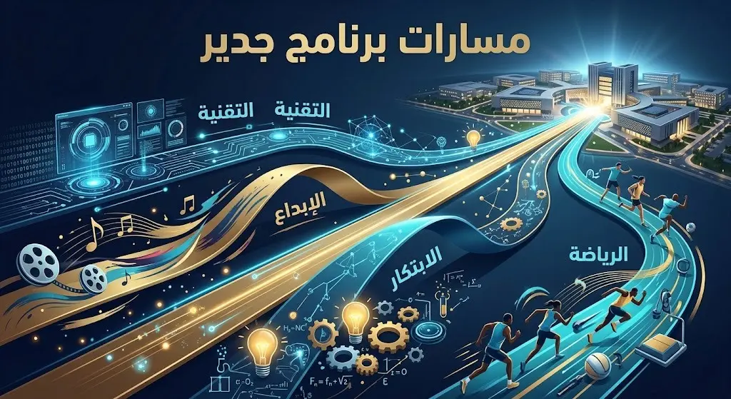 إنفوجرافيك يوضح مسارات برنامج جدير للتميز النوعي والكليات المستهدفة في جامعة طيبة وتوزيعها على التخصصات المختلفة.